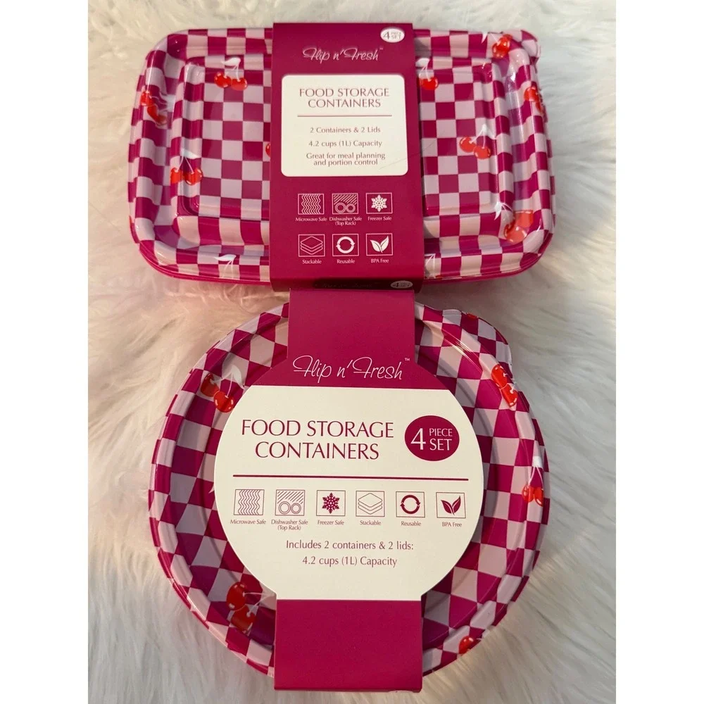 Flip n Fresh Pink Checkered Cherry Food Storage Containers 4 Piece Set 4.2 Cup